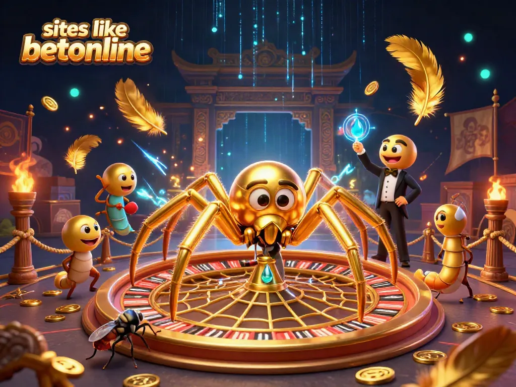 Experience thrilling bets at dynamic sites like betonline, with a golden spider spinning a roulette web and excited characters.
