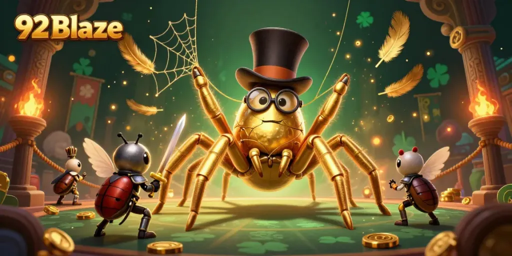Engage with 92 Blaze, a captivating casino scene featuring a golden tarantula and beetle knight.