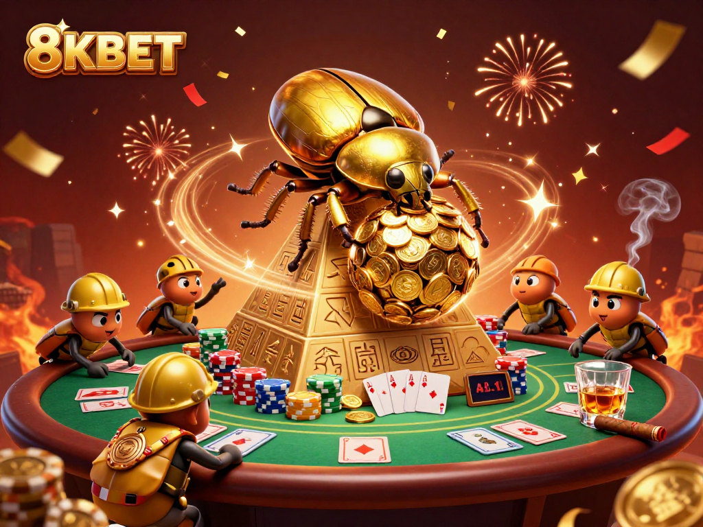 Engage in thrilling action at 8KBET with golden beetles rolling coins and poker elements in a vibrant casino scene.