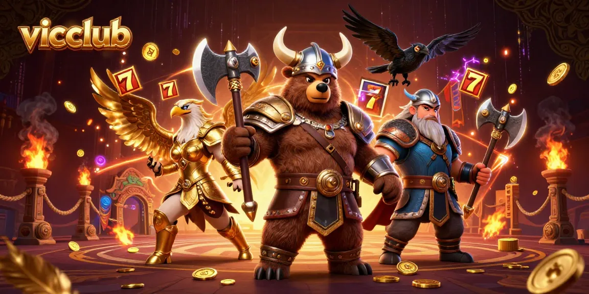 Win big with vicclub: A vibrant 3D casino scene showcasing Viking and eagle characters amid slot elements.