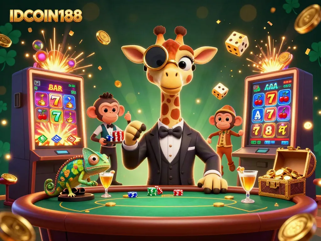 Engage with IDCOIN188’s thrilling online casino experience with a giraffe playing poker and vibrant slot elements.