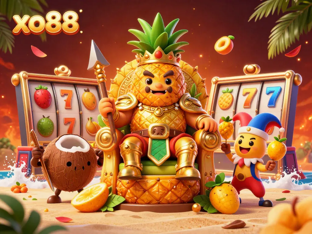 Experience the vibrant world of xo88 with the golden pineapple king ruling a beach casino filled with slots and colorful characters.