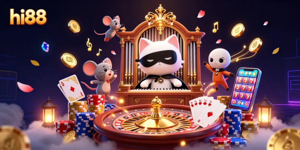Win big with hi88 casino games featuring vibrant characters, spinning roulette, and sparkling prizes.
