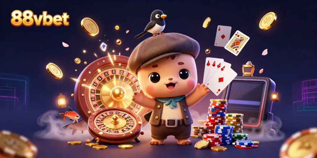 Experience the excitement of casino gaming with 88vbet's vibrant illustration showcasing playful characters and casino elements.