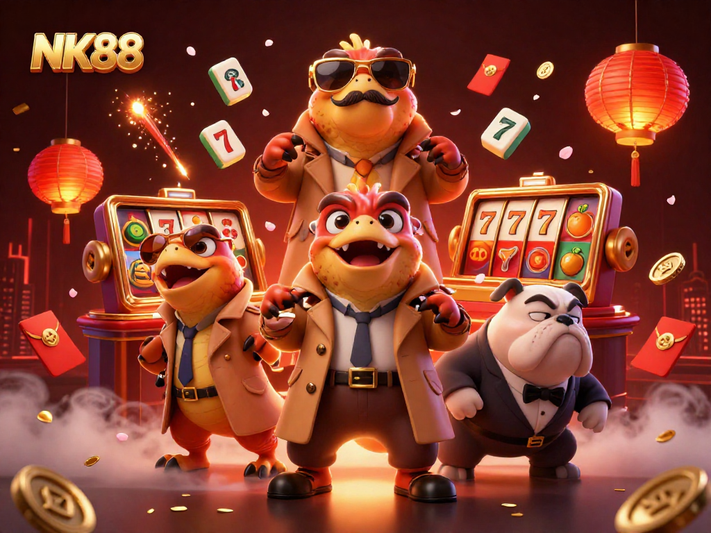 Experience thrilling gameplay at NK88 with vibrant 3D raptors in a trench coat and casino excitement.