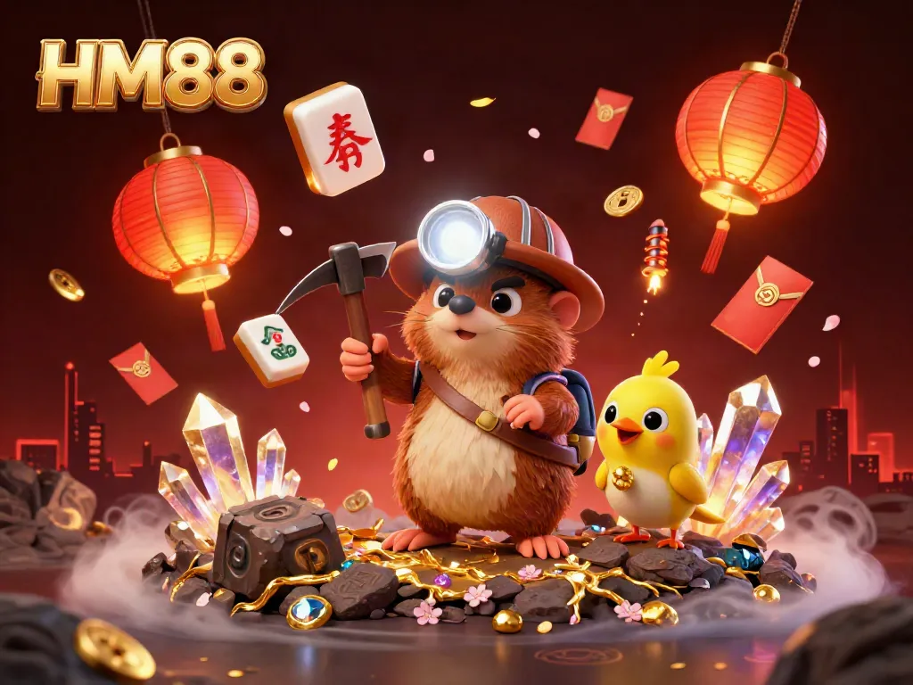 Engage with HM88's thrilling gambling atmosphere featuring treasure, golden elements, and vibrant casino symbols.