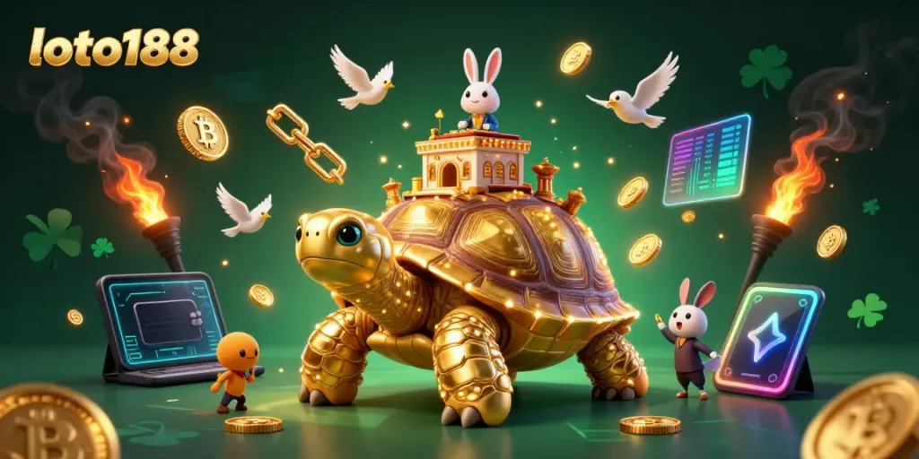 Experience winning at loto188 with a golden tortoise casino scene featuring a rabbit dealer and flying coins.