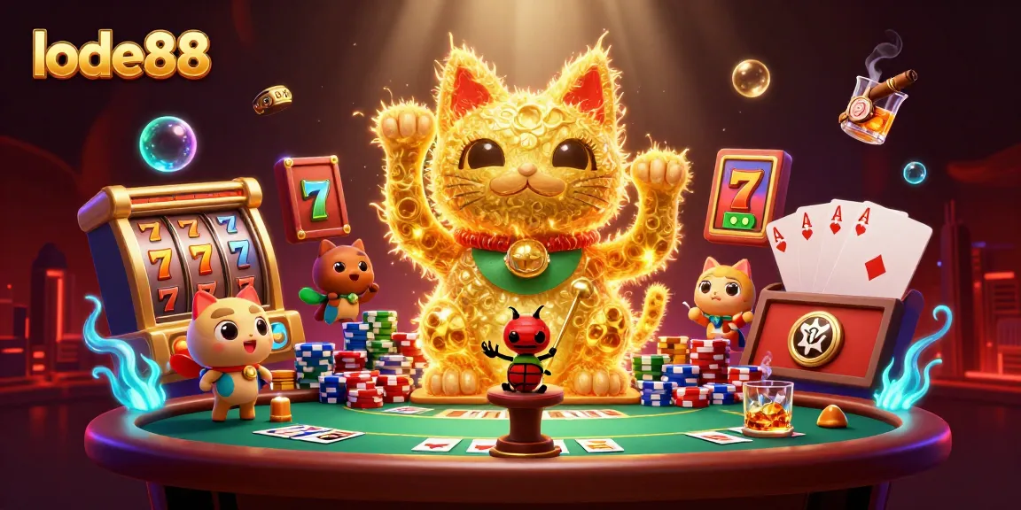 Capture winning moments at lode88 with a lucky cat and vibrant casino elements.