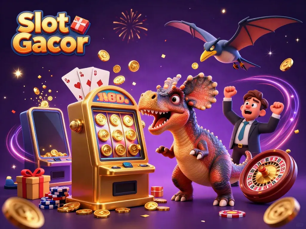 Experience Slot Gacor excitement as a pachycephalosaurus activates a golden slot machine jackpot!