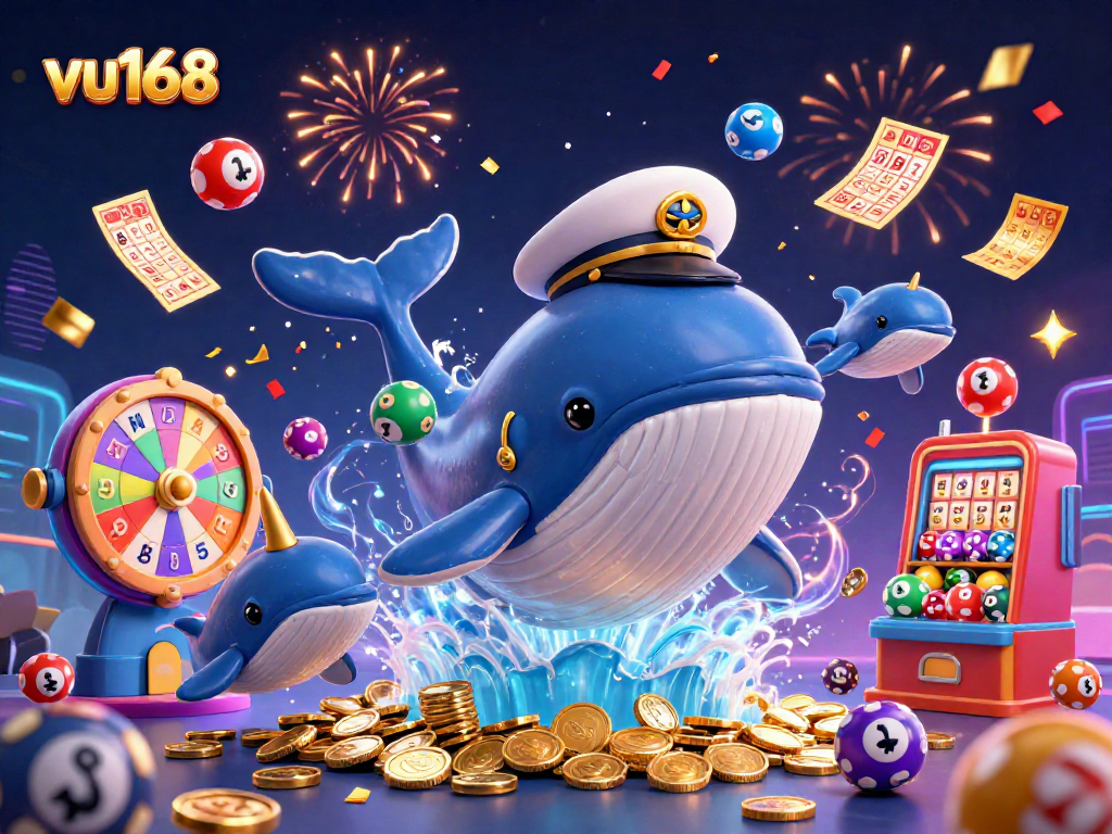 Win big at vu168 as playful dolphins toss poker chips and vibrant lottery balls dance around a golden whale.