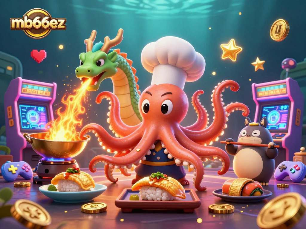 Engage with mb66ez's vibrant 3D scene featuring an octopus chef, dragon, and tanuki.