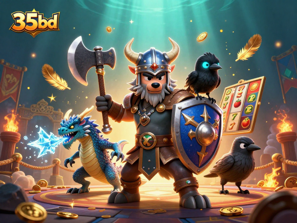 Experience thrilling slots action with 35bd's Viking warrior, dragon, and cartoon raven!