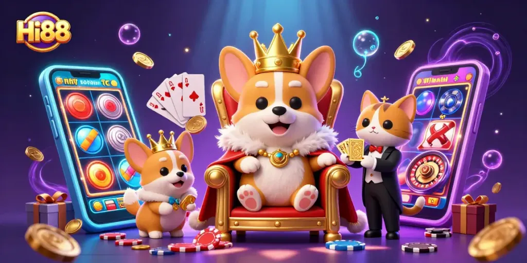 Experience the excitement of gambling at Hi88 with vibrant slot games and a royal corgi theme.