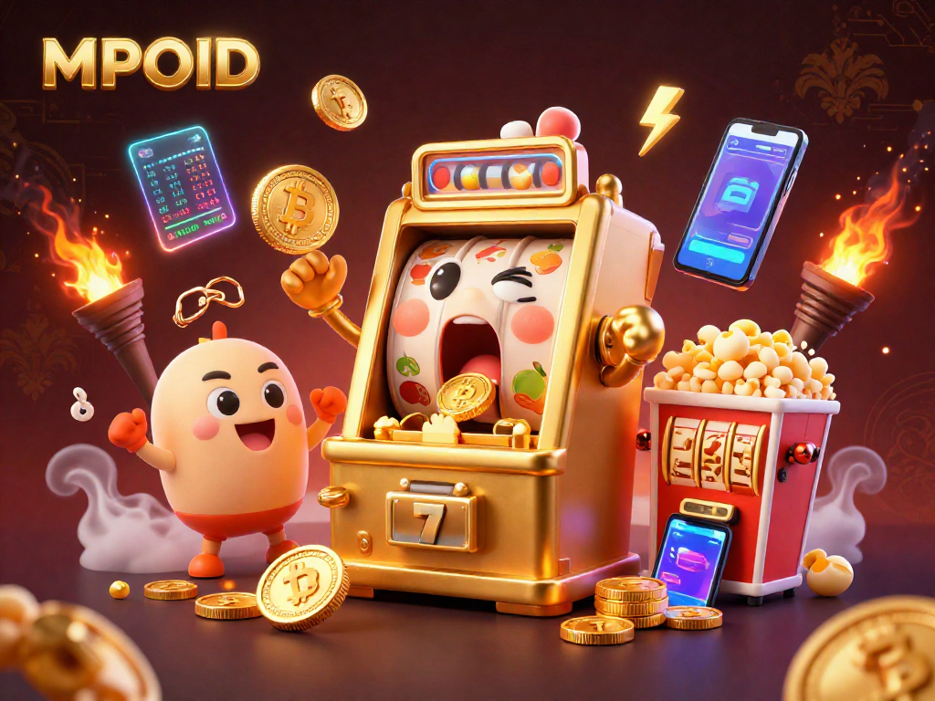Experience the MPOID jackpot with a vibrant 3D illustration of a golden slot machine overflowing with coins.