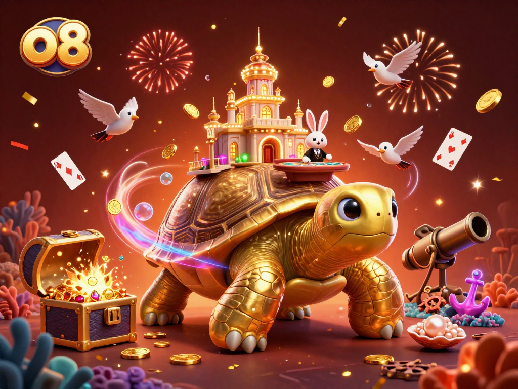 Play casino games with o8's vibrant 3D illustration featuring a golden tortoise casino.