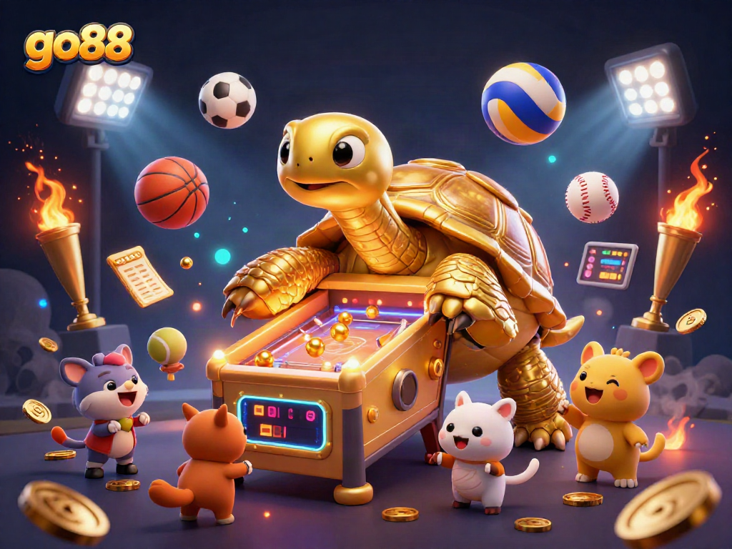 Experience excitement with go88 as you engage with a colossal golden tortoise pinball machine in a vibrant casino scene.