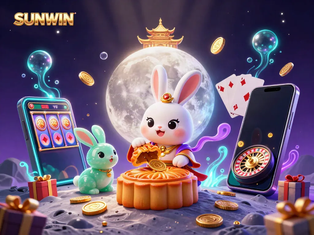 Engaging SUNWIN casino scene with a moon rabbit character and vibrant game elements.