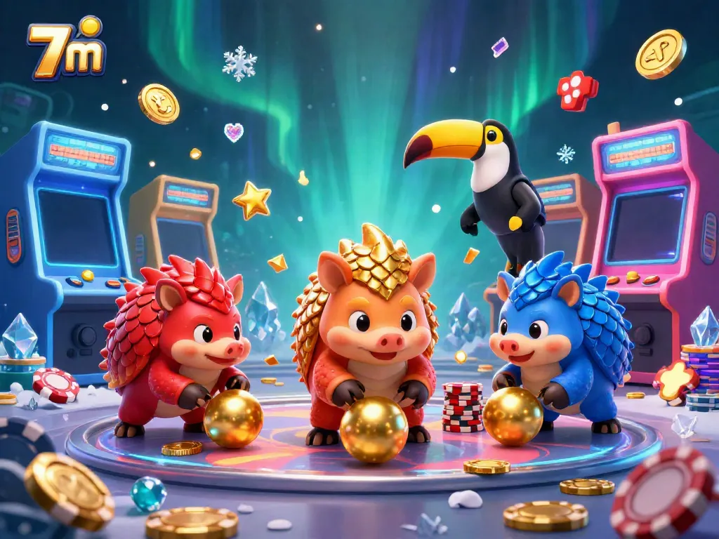 7m pangolin characters compete in a vibrant gambling arcade setting with casino elements.