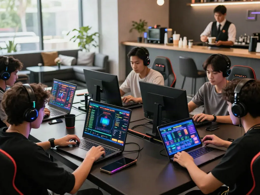 Players enjoying QQMacan's fast-paced slot games in a vibrant gaming space.