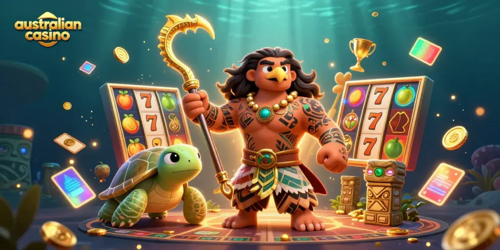 Engaging illustration of an australian casino scene with a demigod and a turtle, featuring vibrant slot elements.
