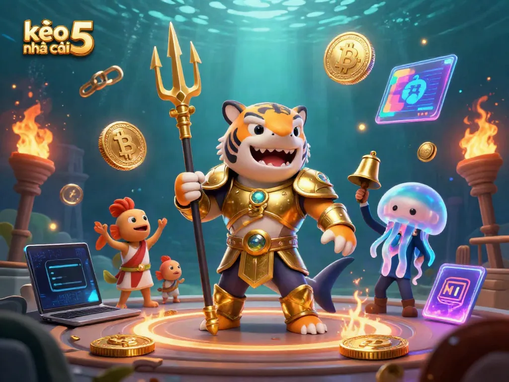 Engage in thrilling gameplay with kèo nhà cái 5 featuring a shark warrior in a vibrant underwater setup.