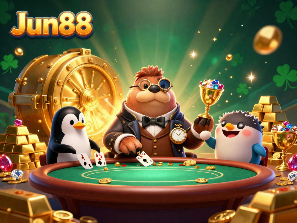Jun88 showcases a dynamic underwater poker scene featuring a walrus, penguin dealer, and pufferfish player surrounded by treasures.