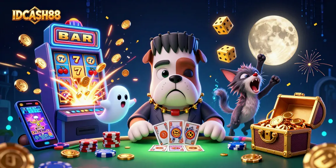 Engage with IDCASH88 through a thrilling 3D casino scene featuring a Frankenstein bulldog and vibrant slot machine.