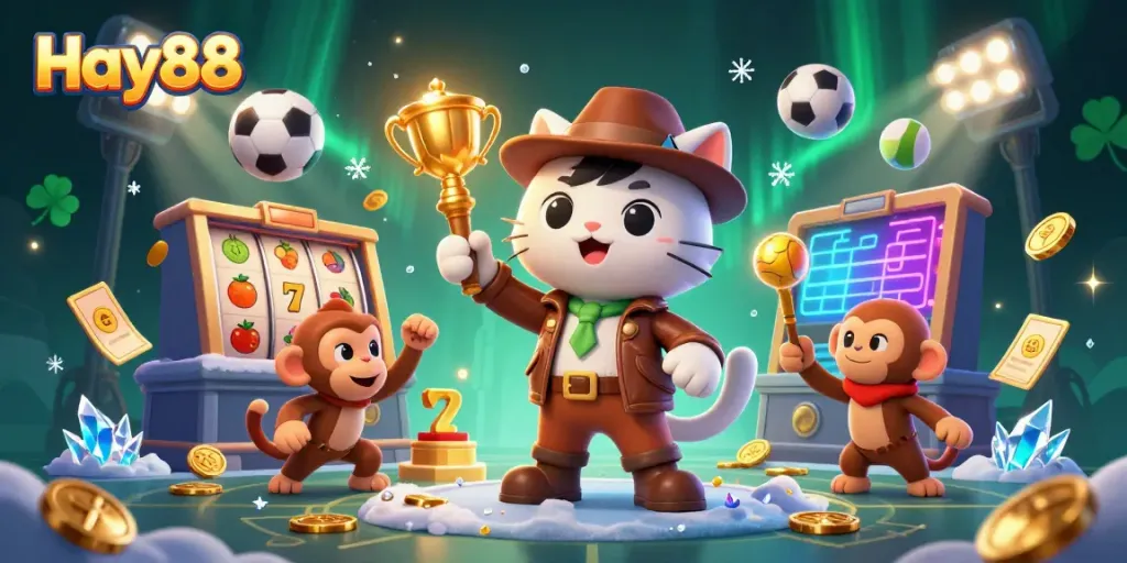 Experience Hay88 with a lively scene of casino treasures discovered by an adventurous cat and monkey.