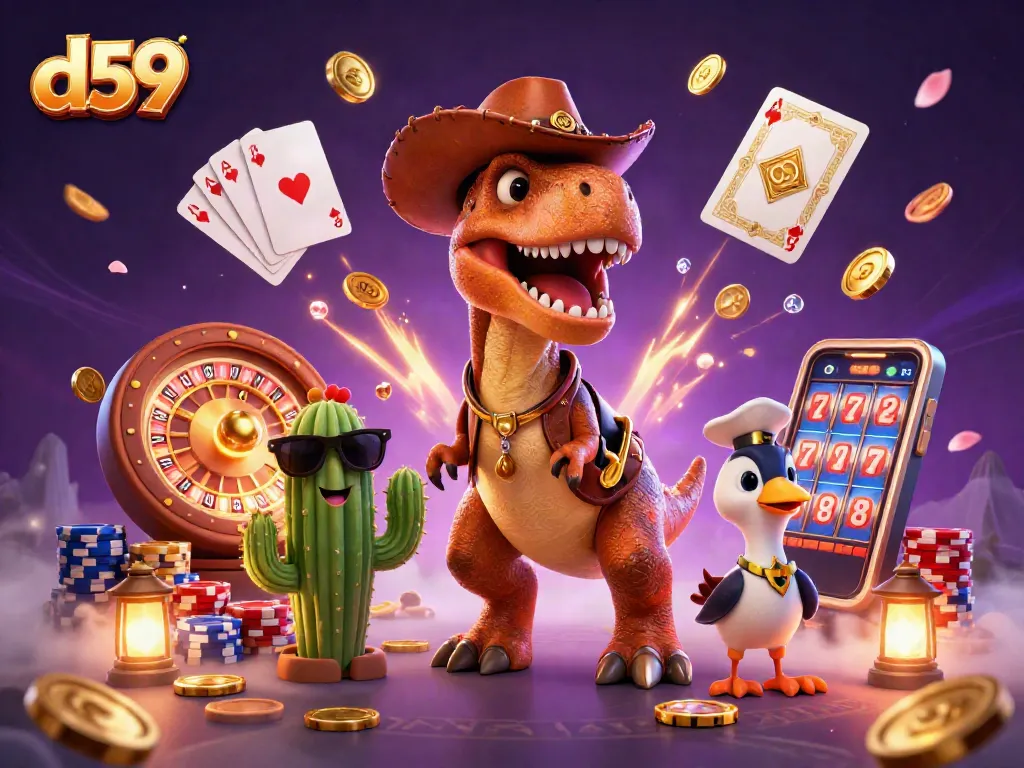 Gambarkan d59 dengan dinosaurus cowboy dan karakter kasino dinamis lainnya saat bermain