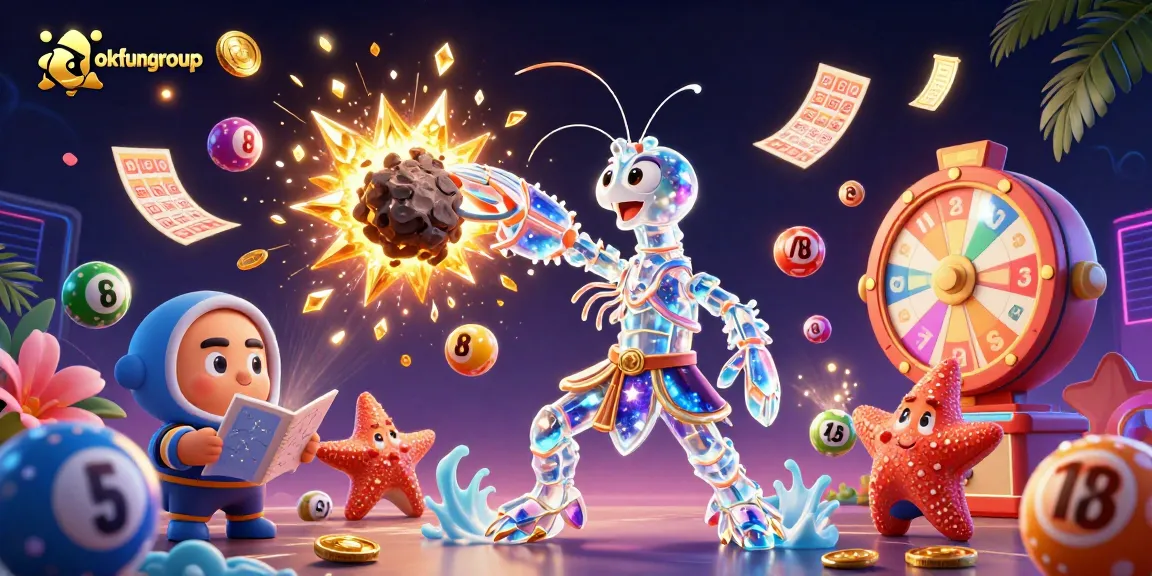 Engage in thrilling gaming actions with okfungroup's vibrant 3D illustration showcasing dynamic lottery elements.