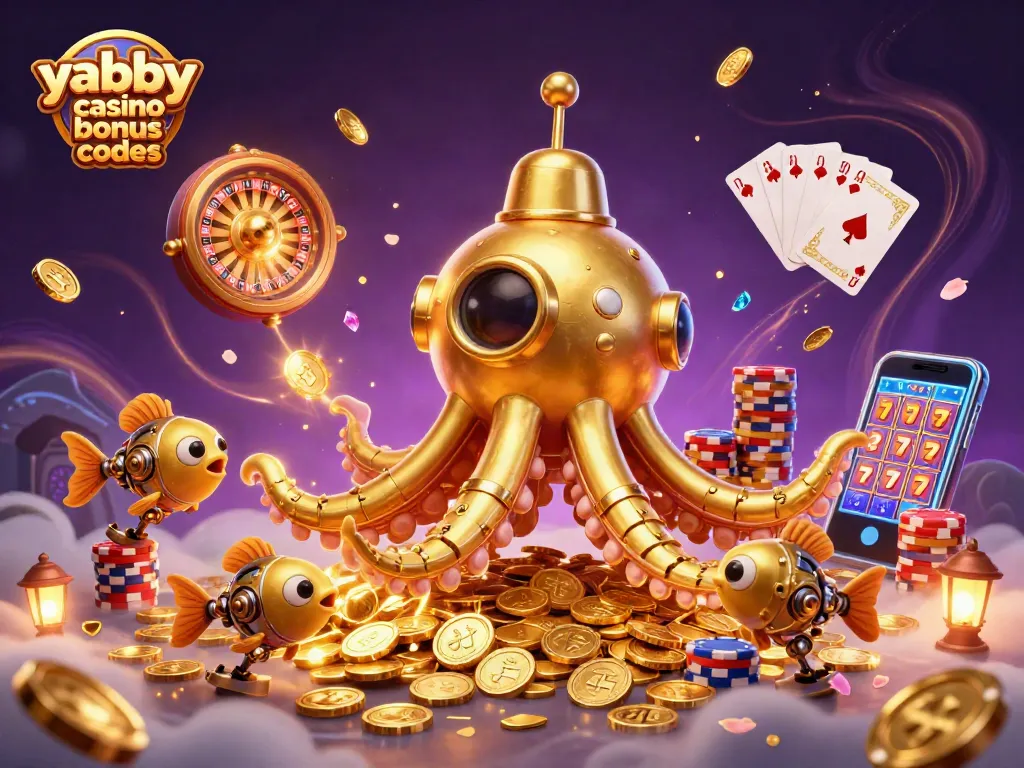 Play exciting slots with Yabby Casino bonus codes featuring golden kraken submarine and flying coins.