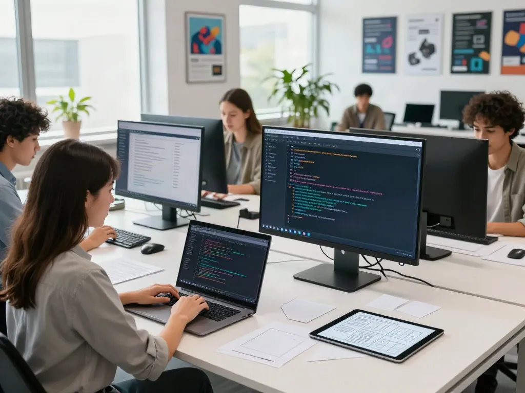 The A80 website showcases an innovative tech workspace with diverse developers collaborating on software projects.