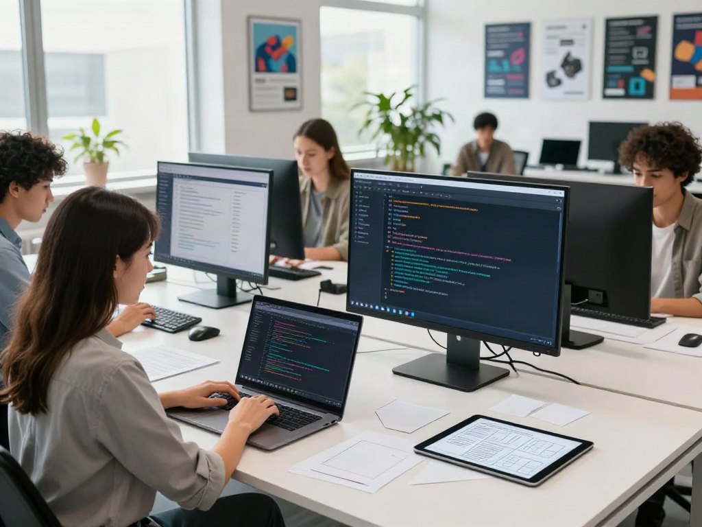 The A80 website showcases an innovative tech workspace with diverse developers collaborating on software projects.