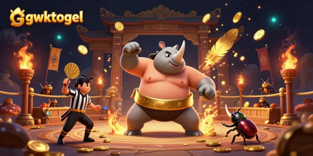 gwktogel menampilkan juara sumo kumbang badak yang menginjak kuat di arena sambil menghamburkan koin emas.