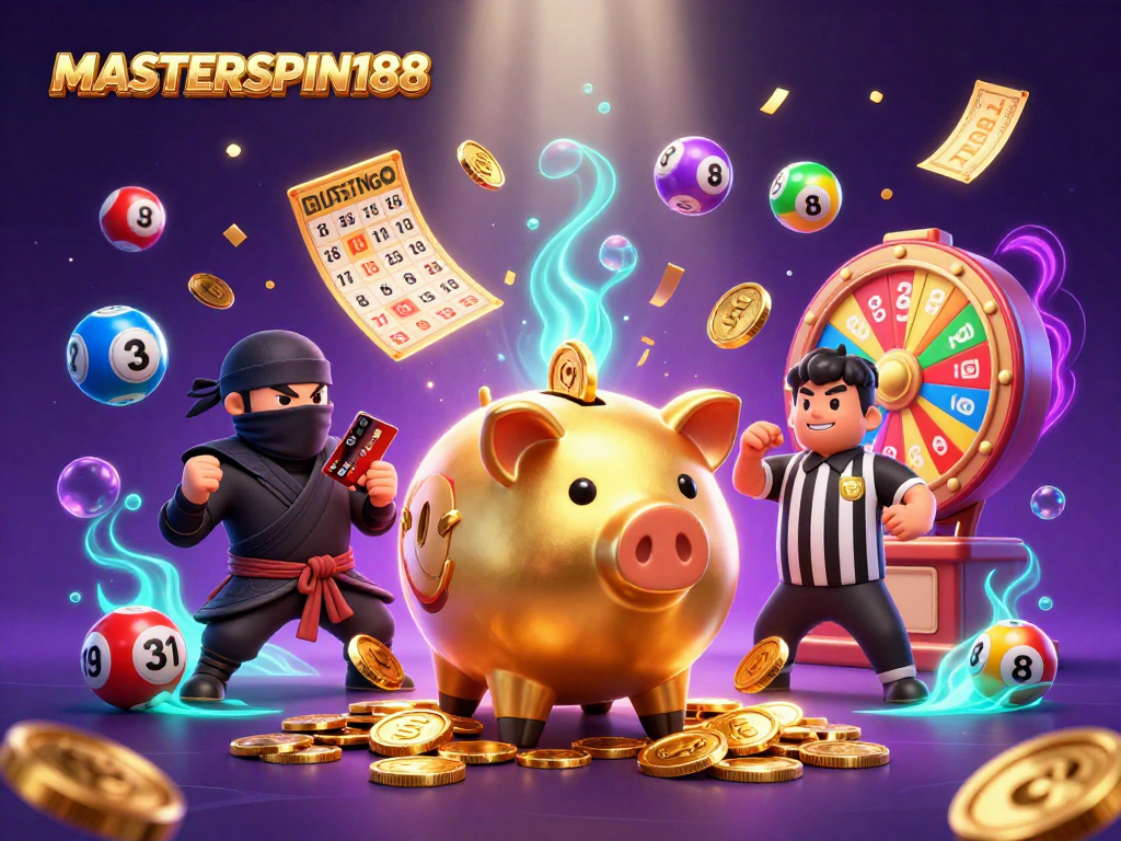Engage with MASTERSPIN188 in a vibrant, animated casino scene showcasing lively lottery elements.
