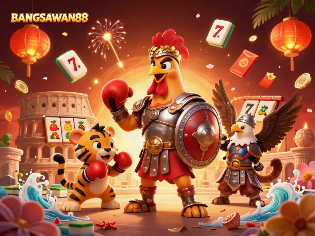 BANGSAWAN88 thrills with a vibrant scene of a gladiator rooster and a tiger cub among dynamic slot gaming elements.
