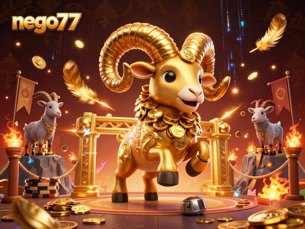 Bet on sports through nego77's dynamic gaming scene featuring golden ram and rich, detailed casino elements.