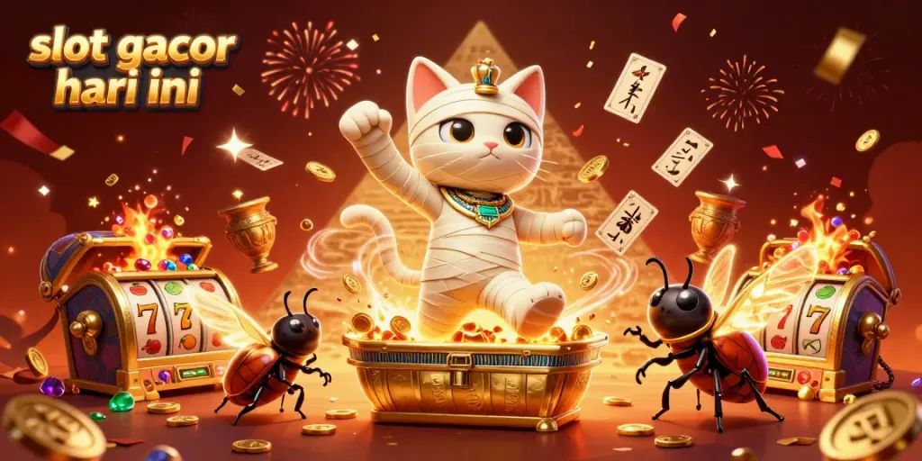 Slot gacor hari ini dalam ilustrasi 3D dengan karakter kucing mesir dan elemen kasino menarik.