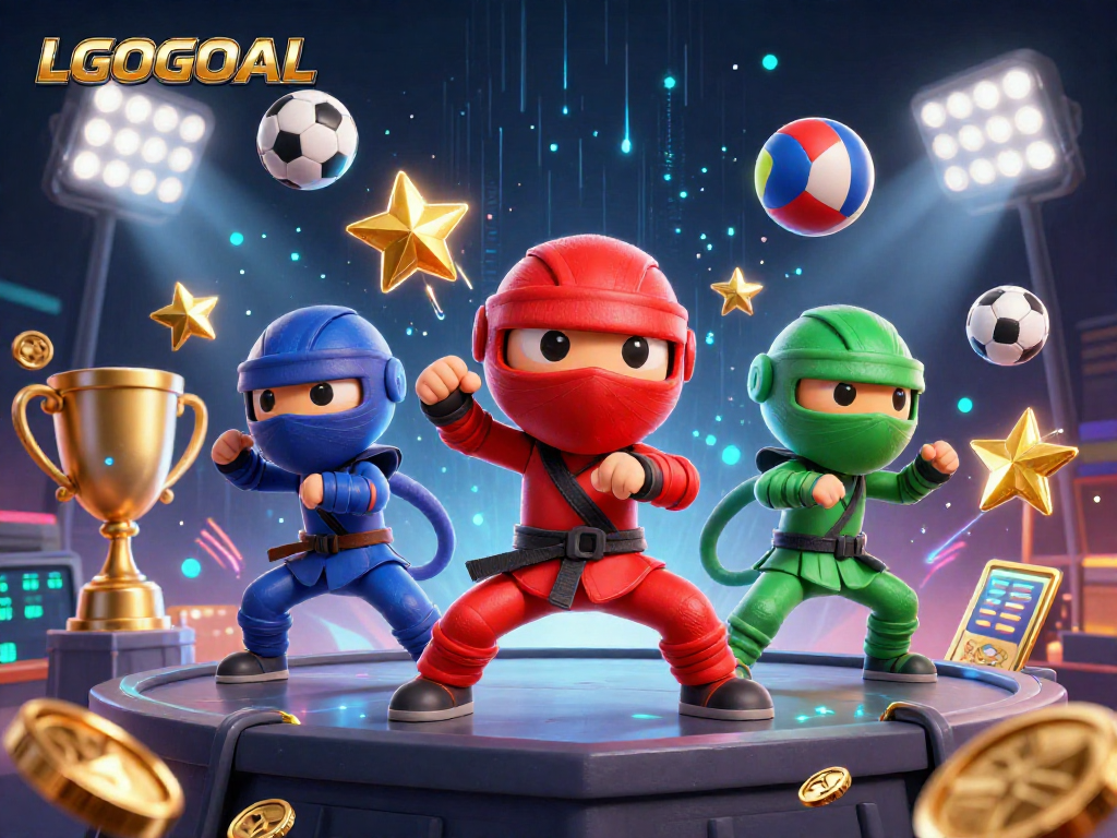 LGOGOAL sports betting scene with chameleon ninjas and flying sports balls creates dynamic analysis.