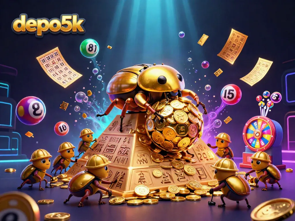 Engage with depo5k's vibrant gaming scene featuring golden beetles amidst exciting lottery elements.