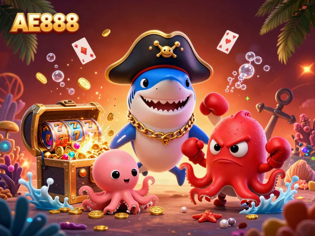Engage with the vibrant world of AE888 as the shark and friends celebrate exciting casino wins.