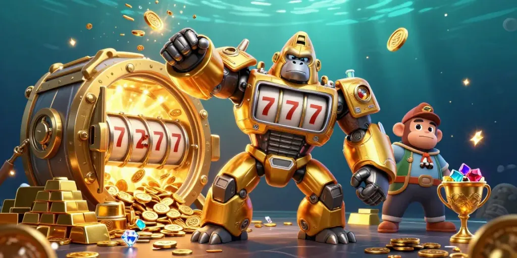 98WIN showcases an epic golden gorilla mech amidst thrilling casino treasures, inviting players to engage.