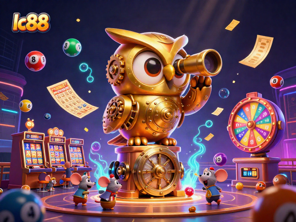lc88 brings excitement with a golden owl observing a vibrant casino floor of games and lottery.