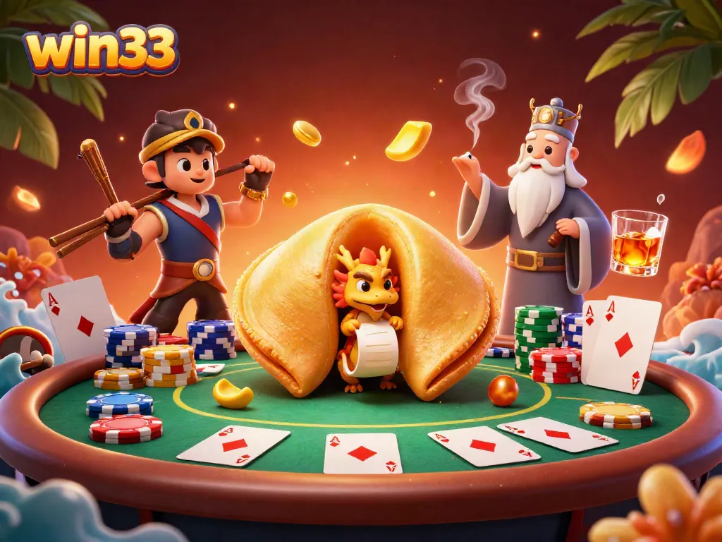 Experience the excitement of win33 with a dynamic casino scene showcasing golden elements and poker games.