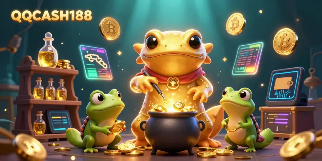 Experience QQCASH188 with a vibrant scene of alchemy and cryptocurrency magic in a medieval setting.