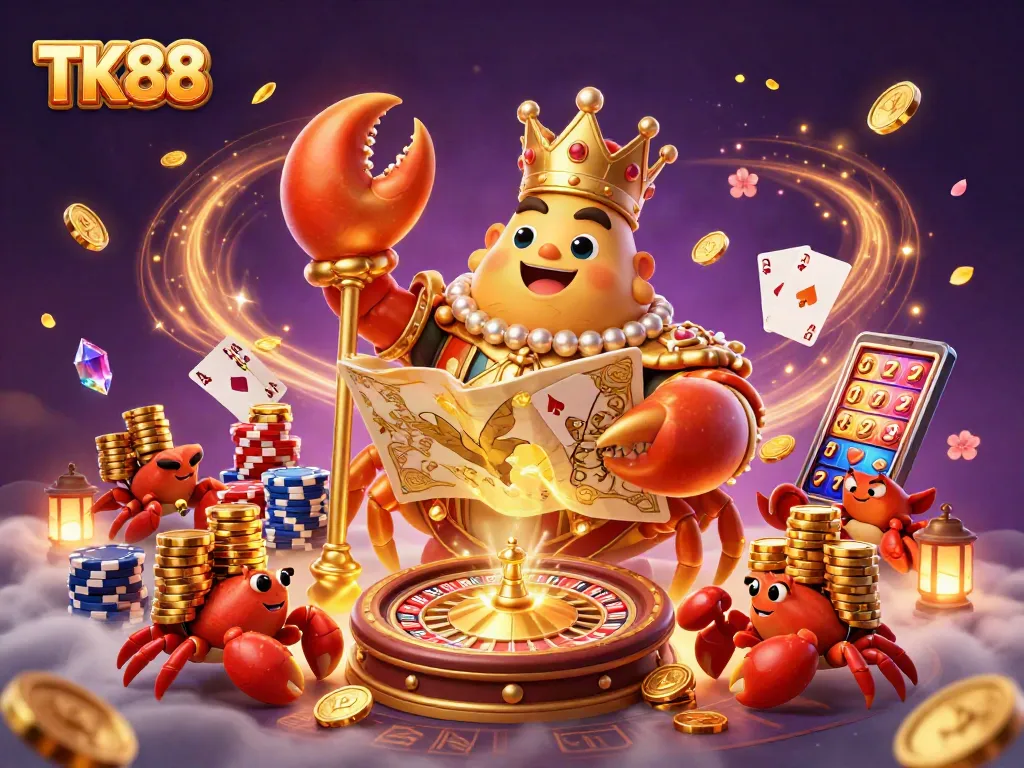 Experience the thrill of TK88 casino gaming with a vibrant 3D illustration full of action and excitement.