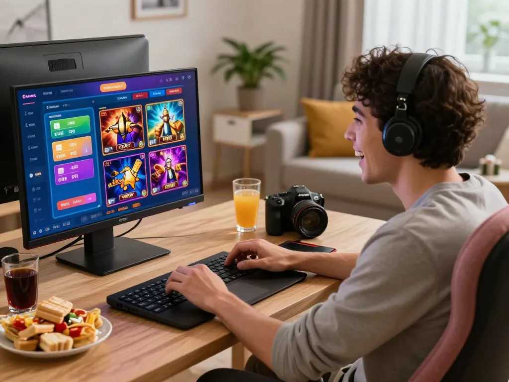 Exciting online gaming moment featuring credit card casinos with a player engaged and colorful graphics.