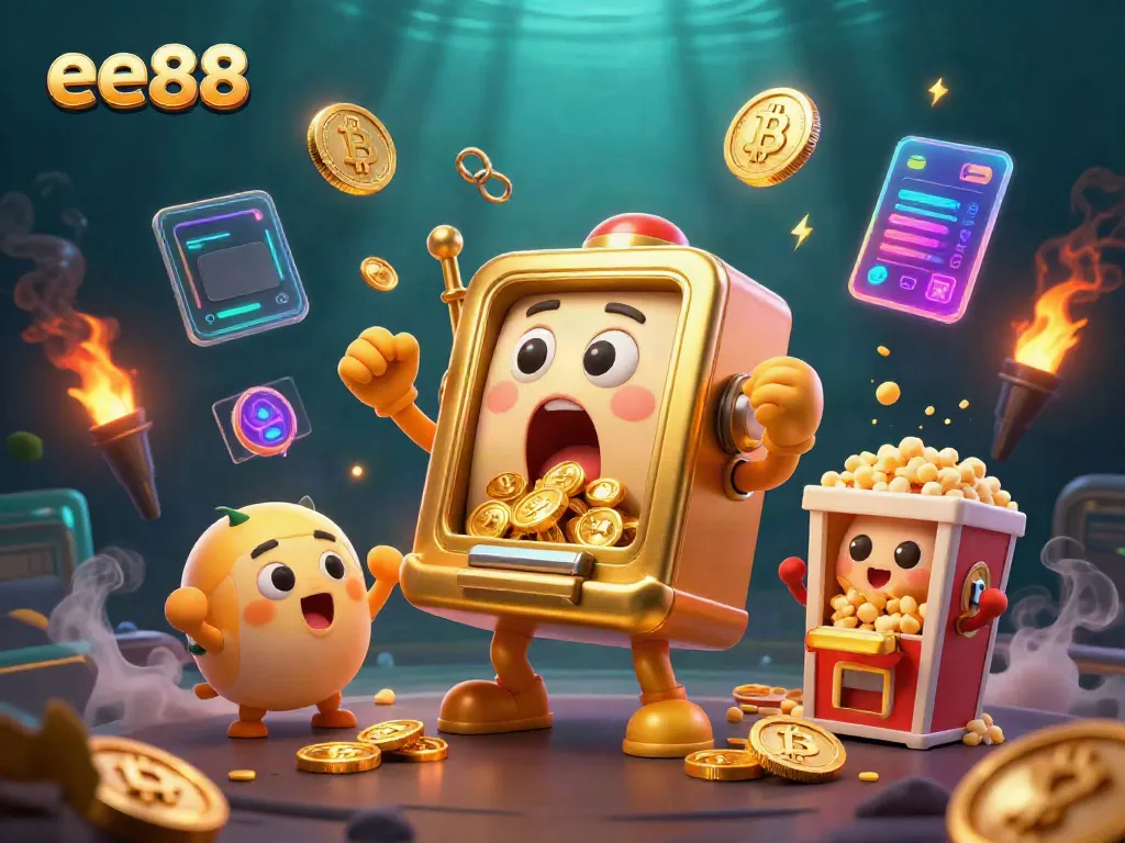 Experience the excitement of ee88 with a golden slot machine celebrating a jackpot in a vibrant casino scene.