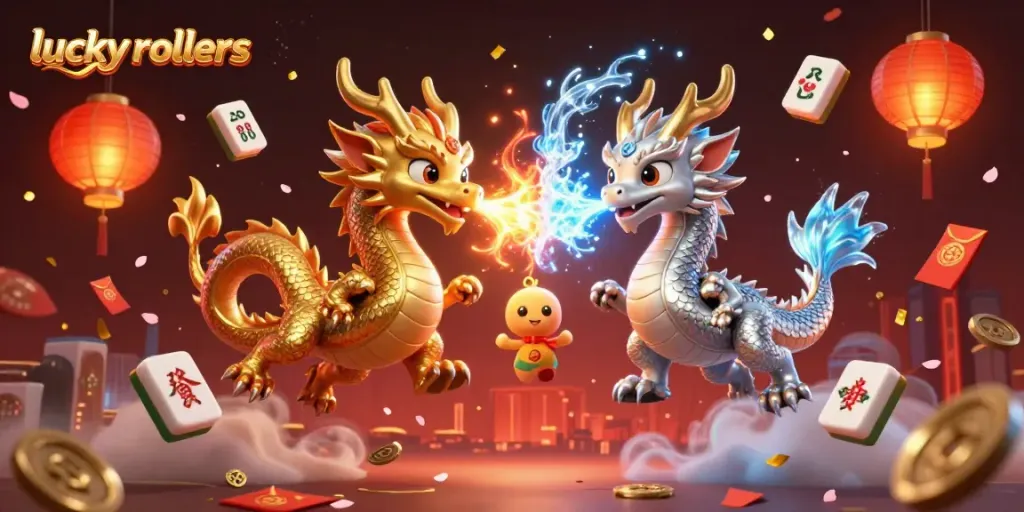 Experience the thrill at lucky rollers casino with vibrant dragons and festive gaming elements.