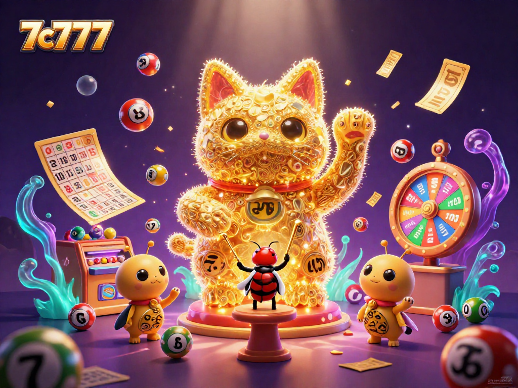 Engage with 7c777's vibrant, colorful lucky cat and dynamic gaming symbols in a lively casino illustration.